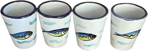 Hand Painted Italian Ceramic Shot Glasses Set of 4, 1.2 oz Anchovy Design Shot Cups, Coastal Mediterranean Pottery Drinkware, Small Ceramic Limoncello & Tequila Shot Glasses, Handmade Tasting Cups in Saudi Arabia
