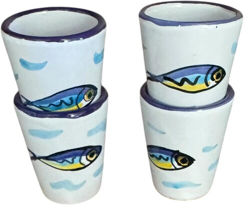 Hand Painted Italian Ceramic Shot Glasses Set of 4, 1.2 oz Anchovy Design Shot Cups, Coastal Mediterranean Pottery Drinkware, Small Ceramic Limoncello & Tequila Shot Glasses, Handmade Tasting Cups in Saudi Arabia