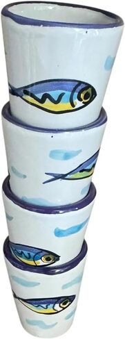Hand Painted Italian Ceramic Shot Glasses Set of 4, 1.2 oz Anchovy Design Shot Cups, Coastal Mediterranean Pottery Drinkware, Small Ceramic Limoncello & Tequila Shot Glasses, Handmade Tasting Cups in Saudi Arabia