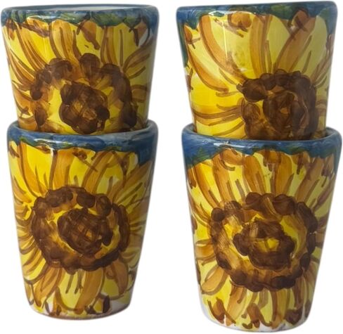 Hand Painted Italian Ceramic Shot Glasses Set of 4, 1.2 oz Sunflower Design Cups, Small Ceramic Limoncello & Tequila Shot Glasses, Artisan Mediterranean Pottery Drinkware, Handmade Blue Tasting Cups in Saudi Arabia