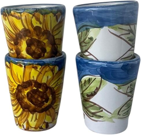 Hand Painted Italian Ceramic Shot Glasses Set of 4, 1.2 oz Sunflower Design Cups, Small Ceramic Limoncello & Tequila Shot Glasses, Artisan Mediterranean Pottery Drinkware, Handmade Blue Tasting Cups in Saudi Arabia