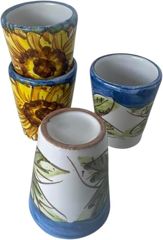 Hand Painted Italian Ceramic Shot Glasses Set of 4, 1.2 oz Sunflower Design Cups, Small Ceramic Limoncello & Tequila Shot Glasses, Artisan Mediterranean Pottery Drinkware, Handmade Blue Tasting Cups in Saudi Arabia
