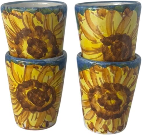 Hand Painted Italian Ceramic Shot Glasses Set of 4, 1.2 oz Sunflower Design Cups, Small Ceramic Limoncello & Tequila Shot Glasses, Artisan Mediterranean Pottery Drinkware, Handmade Blue Tasting Cups in Saudi Arabia