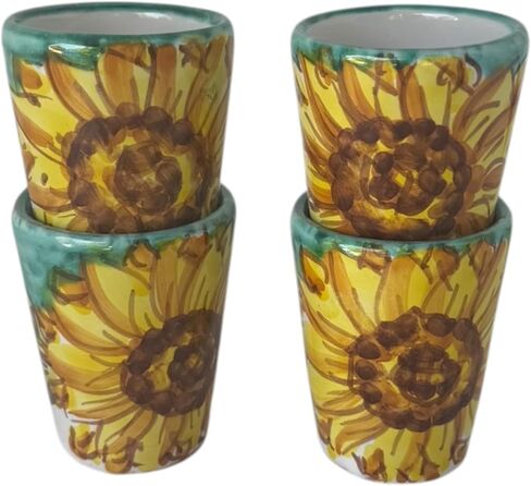 Hand Painted Italian Green Ceramic Shot Glasses Set of 4, 1.2 oz Sunflower Design Cups, Small Ceramic Limoncello & Tequila Shot Glasses, Artisan Mediterranean Pottery Drinkware, Handmade Tasting Cups in Saudi Arabia