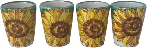 Hand Painted Italian Green Ceramic Shot Glasses Set of 4, 1.2 oz Sunflower Design Cups, Small Ceramic Limoncello & Tequila Shot Glasses, Artisan Mediterranean Pottery Drinkware, Handmade Tasting Cups in Saudi Arabia