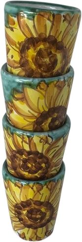 Hand Painted Italian Green Ceramic Shot Glasses Set of 4, 1.2 oz Sunflower Design Cups, Small Ceramic Limoncello & Tequila Shot Glasses, Artisan Mediterranean Pottery Drinkware, Handmade Tasting Cups in Saudi Arabia