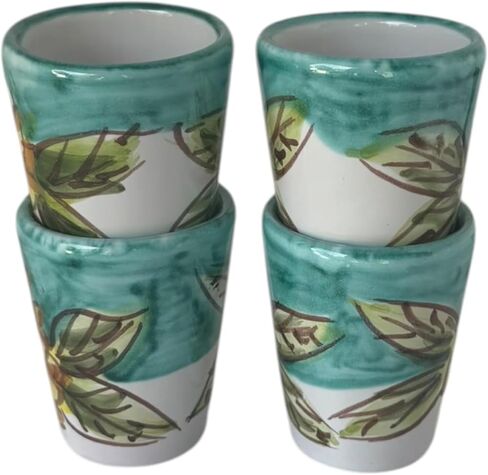 Hand Painted Italian Green Ceramic Shot Glasses Set of 4, 1.2 oz Sunflower Design Cups, Small Ceramic Limoncello & Tequila Shot Glasses, Artisan Mediterranean Pottery Drinkware, Handmade Tasting Cups in Saudi Arabia