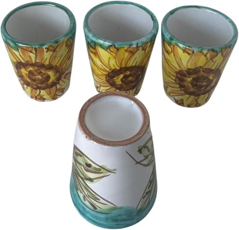 Hand Painted Italian Green Ceramic Shot Glasses Set of 4, 1.2 oz Sunflower Design Cups, Small Ceramic Limoncello & Tequila Shot Glasses, Artisan Mediterranean Pottery Drinkware, Handmade Tasting Cups in Saudi Arabia