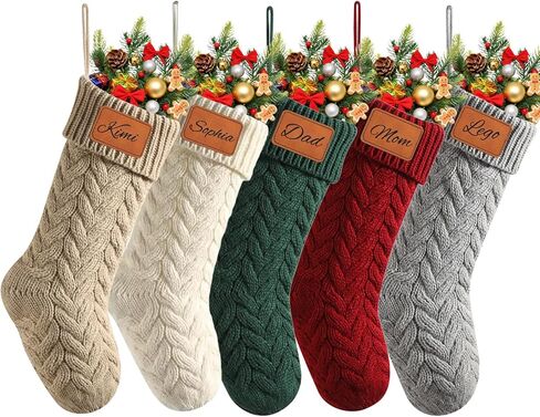 10 Pcs Personalized Christmas Stocking Custom Name Family Christmas Stocking 18" Large Knitted Xmas Stocking for Kids Holiday Family Stocking for Fireplace Christmas Holiday Party Decoration (10 Pcs) in Kuwait