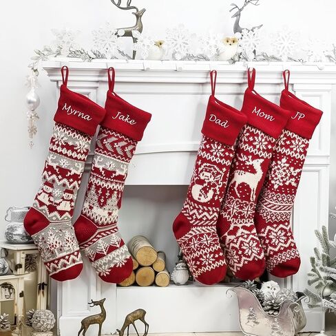 Personalized 28 inch Large Knitted Christmas Stockings – Intarsia Fair Isle Design with Nordic Patterns, Perfect for Family Holiday Decor - Red White and Red White Grey Patterns to Choose from in Saudi Arabia