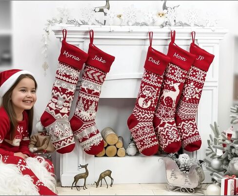 Personalized 28 inch Large Knitted Christmas Stockings – Intarsia Fair Isle Design with Nordic Patterns, Perfect for Family Holiday Decor - Red White and Red White Grey Patterns to Choose from in Saudi Arabia