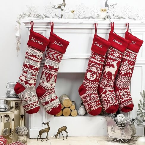 Personalized 28 inch Large Knitted Christmas Stockings – Intarsia Fair Isle Design with Nordic Patterns, Perfect for Family Holiday Decor - Red White and Red White Grey Patterns to Choose from in Saudi Arabia