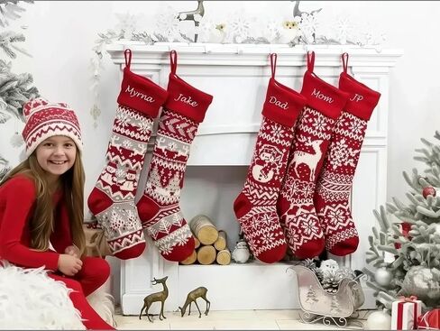 Personalized 28 inch Large Knitted Christmas Stockings – Intarsia Fair Isle Design with Nordic Patterns, Perfect for Family Holiday Decor - Red White and Red White Grey Patterns to Choose from in Saudi Arabia