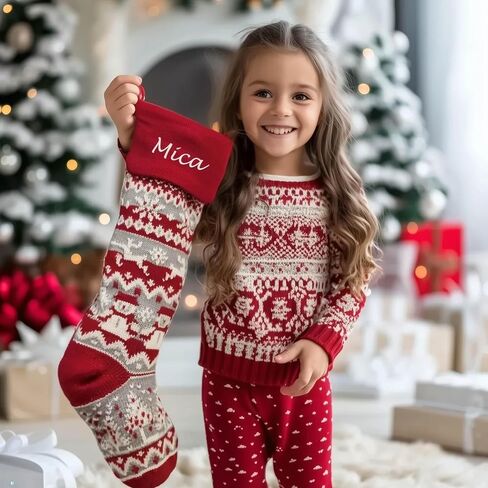 Personalized 28 inch Large Knitted Christmas Stockings – Intarsia Fair Isle Design with Nordic Patterns, Perfect for Family Holiday Decor - Red White and Red White Grey Patterns to Choose from in Saudi Arabia