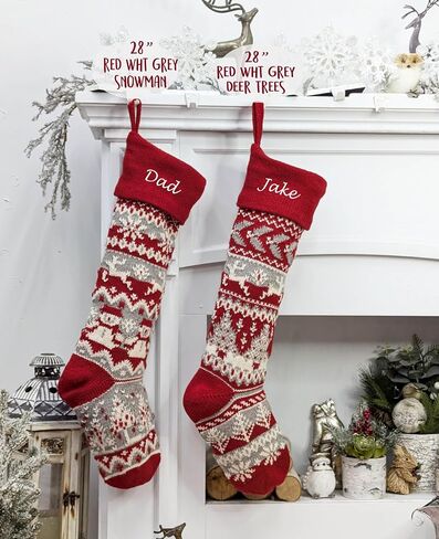 Personalized 28 inch Large Knitted Christmas Stockings – Intarsia Fair Isle Design with Nordic Patterns, Perfect for Family Holiday Decor - Red White and Red White Grey Patterns to Choose from in Saudi Arabia