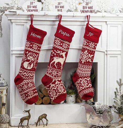 Personalized 28 inch Large Knitted Christmas Stockings – Intarsia Fair Isle Design with Nordic Patterns, Perfect for Family Holiday Decor - Red White and Red White Grey Patterns to Choose from in Saudi Arabia