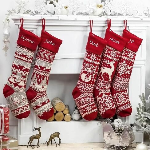 Personalized 28 inch Large Knitted Christmas Stockings – Intarsia Fair Isle Design with Nordic Patterns, Perfect for Family Holiday Decor - Red White and Red White Grey Patterns to Choose from in Saudi Arabia
