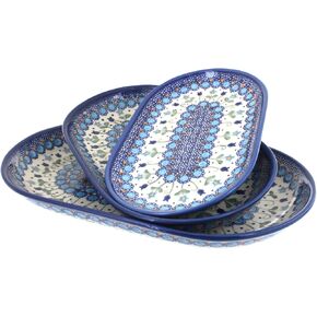 فخار مصقول باللون الأزرق الوردي - مجموعة تقديم بيضاوية من 3 قطع من بهجة الرنة الخضراء - 3 صواني - طبق تقديم سيراميك، تصميم احتفالي، هدية عيد ميلاد فريدة in Kuwait