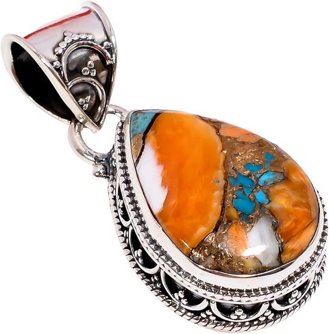 Natural Top Quality Orange Spiny Oyster Turquoise Gemstone 925 Sterling Silver Handmade Statement Pendant for Women Gift for Her in Saudi Arabia