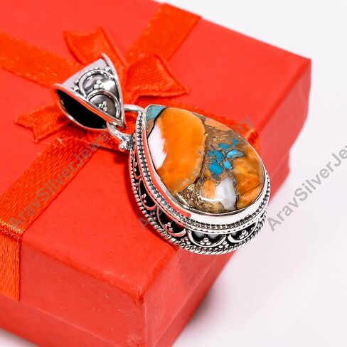 Natural Top Quality Orange Spiny Oyster Turquoise Gemstone 925 Sterling Silver Handmade Statement Pendant for Women Gift for Her in Saudi Arabia