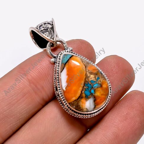 Natural Top Quality Orange Spiny Oyster Turquoise Gemstone 925 Sterling Silver Handmade Statement Pendant for Women Gift for Her in Saudi Arabia