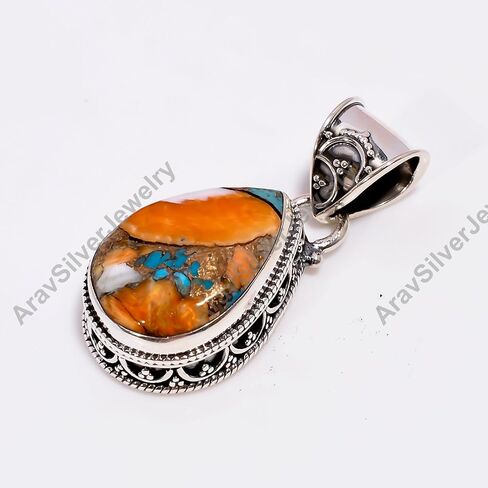 Natural Top Quality Orange Spiny Oyster Turquoise Gemstone 925 Sterling Silver Handmade Statement Pendant for Women Gift for Her in Saudi Arabia
