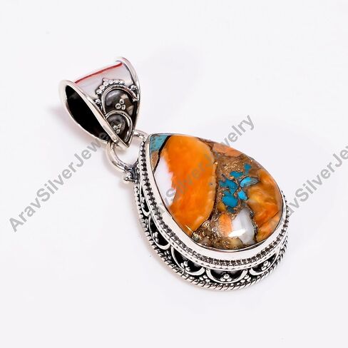 Natural Top Quality Orange Spiny Oyster Turquoise Gemstone 925 Sterling Silver Handmade Statement Pendant for Women Gift for Her in Saudi Arabia