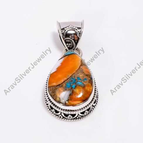 Natural Top Quality Orange Spiny Oyster Turquoise Gemstone 925 Sterling Silver Handmade Statement Pendant for Women Gift for Her in Saudi Arabia