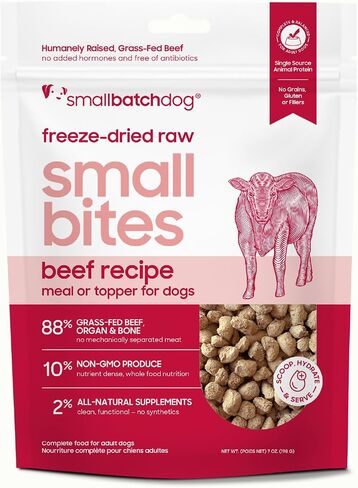smallbatch Freeze-Dried Beef Dog Food – Grain Free, Organic Produce – Raw Dehydrated Beef Small Bites, High Protein Complete Meal or Topper – Humanely Raised, Made in USA, 7oz in Saudi Arabia