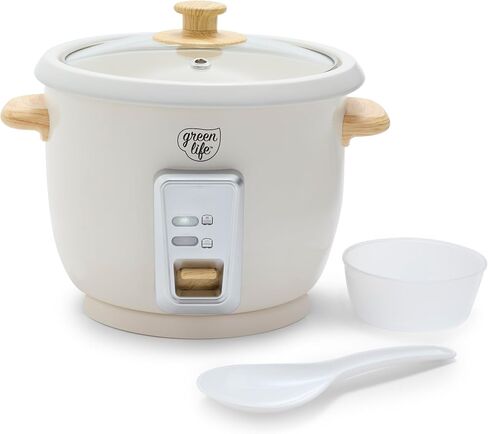 GreenLife Rice Cooker with Removable PFAS-Free Nonstick Pot, 3-Cups Uncooked/6-Cups Cooked, One-Switch Design, Auto Keep Warm Function, Soup, Grains, Oatmeal, Wood Handle, Cream in Saudi Arabia