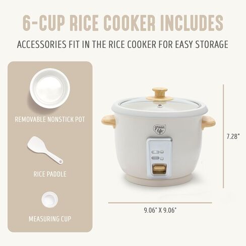 GreenLife Rice Cooker with Removable PFAS-Free Nonstick Pot, 3-Cups Uncooked/6-Cups Cooked, One-Switch Design, Auto Keep Warm Function, Soup, Grains, Oatmeal, Wood Handle, Cream in Saudi Arabia