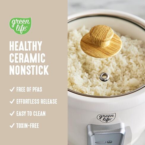 GreenLife Rice Cooker with Removable PFAS-Free Nonstick Pot, 3-Cups Uncooked/6-Cups Cooked, One-Switch Design, Auto Keep Warm Function, Soup, Grains, Oatmeal, Wood Handle, Cream in Saudi Arabia