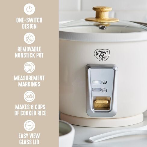 GreenLife Rice Cooker with Removable PFAS-Free Nonstick Pot, 3-Cups Uncooked/6-Cups Cooked, One-Switch Design, Auto Keep Warm Function, Soup, Grains, Oatmeal, Wood Handle, Cream in Saudi Arabia