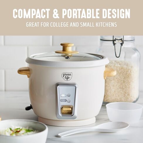 GreenLife Rice Cooker with Removable PFAS-Free Nonstick Pot, 3-Cups Uncooked/6-Cups Cooked, One-Switch Design, Auto Keep Warm Function, Soup, Grains, Oatmeal, Wood Handle, Cream in Saudi Arabia