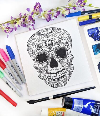 لوحة قماشية تحمل علامة Sugar Skull مسبقًا | قماش معبأ ممتد مقاس 8 × 8 بوصات | قماش مرسوم مسبقًا | فن DIY | حفلة الطلاء و SIP | قماش مصنوع يدويًا ممتاز | حفلة الرسم in Saudi Arabia
