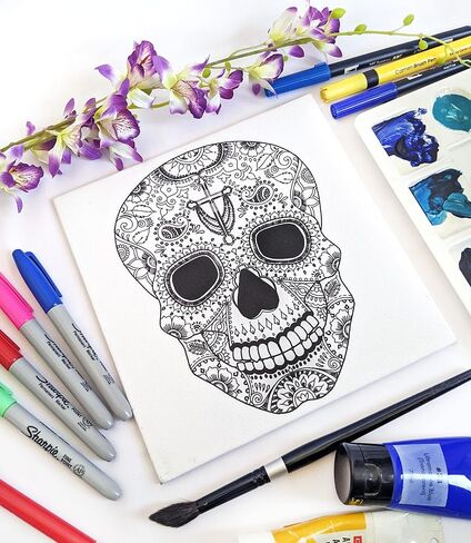 لوحة قماشية تحمل علامة Sugar Skull مسبقًا | قماش معبأ ممتد مقاس 8 × 8 بوصات | قماش مرسوم مسبقًا | فن DIY | حفلة الطلاء و SIP | قماش مصنوع يدويًا ممتاز | حفلة الرسم in Saudi Arabia
