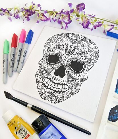 لوحة قماشية تحمل علامة Sugar Skull مسبقًا | قماش معبأ ممتد مقاس 8 × 8 بوصات | قماش مرسوم مسبقًا | فن DIY | حفلة الطلاء و SIP | قماش مصنوع يدويًا ممتاز | حفلة الرسم in Saudi Arabia
