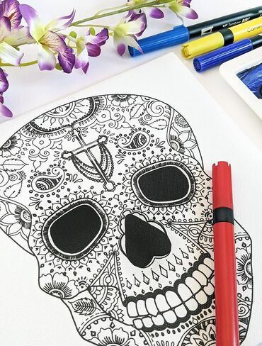 لوحة قماشية تحمل علامة Sugar Skull مسبقًا | قماش معبأ ممتد مقاس 8 × 8 بوصات | قماش مرسوم مسبقًا | فن DIY | حفلة الطلاء و SIP | قماش مصنوع يدويًا ممتاز | حفلة الرسم in Saudi Arabia