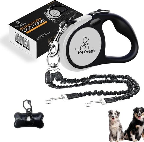 Dual Retractable Dog Leash,10 FT Tangle-Free Leash for 2 Dogs, Detachable for Single Use,One-Button Brake & Lock, Up to 44 lbs Each, 360° Swivel, Non-Slip Handle + Poop Bag Holder (Grey) in Saudi Arabia