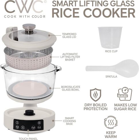 COOK WITH COLOR 3L Glass Mini Low Carb Rice Cooker – Holds 2 Cups Raw/Makes 6 Cups Cooked with Auto Lift Filter Basket, Hotpot & Steamer for Rice, Grains, Digital Panel with Keep Warm, Cream in Saudi Arabia