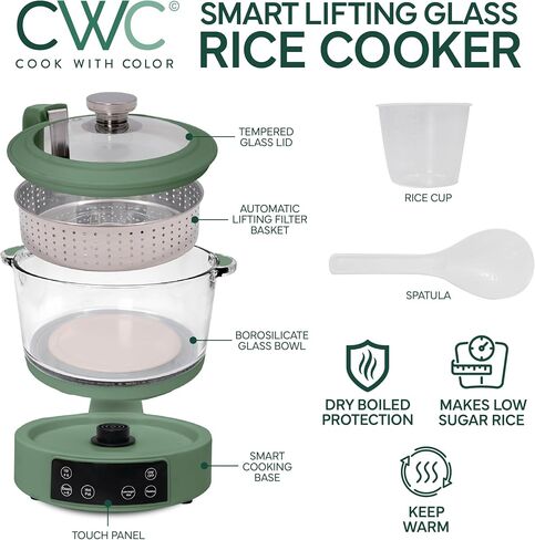 COOK WITH COLOR 3L Glass Mini Low Carb Rice Cooker – Holds 2 Cups Raw/Makes 6 Cups Cooked with Auto Lift Filter Basket, Hotpot & Steamer for Rice, Grains, Digital Panel with Keep Warm, Cream in Saudi Arabia