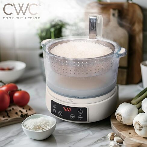 COOK WITH COLOR 3L Glass Mini Low Carb Rice Cooker – Holds 2 Cups Raw/Makes 6 Cups Cooked with Auto Lift Filter Basket, Hotpot & Steamer for Rice, Grains, Digital Panel with Keep Warm, Cream in Saudi Arabia