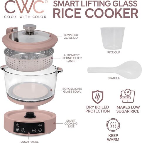 COOK WITH COLOR 3L Glass Mini Low Carb Rice Cooker – Holds 2 Cups Raw/Makes 6 Cups Cooked with Auto Lift Filter Basket, Hotpot & Steamer for Rice, Grains, Digital Panel with Keep Warm, Cream in Saudi Arabia