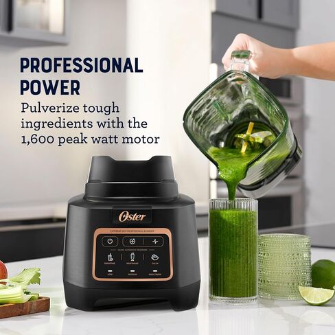 خلاط Oster Extreme Mix، وعاء زجاجي سعة 64 أونصة، 3 وظائف iBlend محددة مسبقًا، 1600 واط، مجموعة شفرات ذات 10 نقاط مع طلاء تيتانيوم وكوب Blend-N-Go سعة 24 أونصة in Kuwait