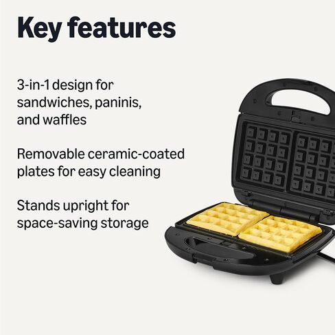 Amazon Basics 3-in-1 Sandwich Maker, Panini Press and Waffle Maker with Removable Plates, 760W in Kuwait