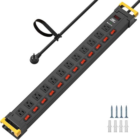 CRST 12 Outlets Heavy Duty Power Strip Surge Protector with Individual Switches, Metal Mountable Power Strip with Cord Manager, 9FT, 1020J, 15A/1875W (Black+Yellow) for Garage, Workshop, Shop, Home in Saudi Arabia