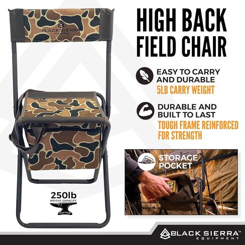 Black Sierra Equipment Folding Chair with High Back for Hunting, Lightweight, Heavy Duty, Fishing Chair Supports 250 LBS, Folding Camping Chair in Saudi Arabia