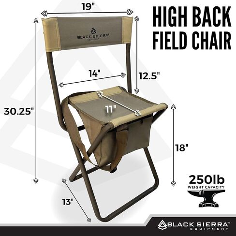 Black Sierra Folding Hunting Stool w/Under Seat Storage Pouch and Carry Strap, Lightweight Portable Hunt Chair w/Backrest, Heavy-Duty Steel Frame Supports 250 LBS, for Hunting, Fishing in Kuwait