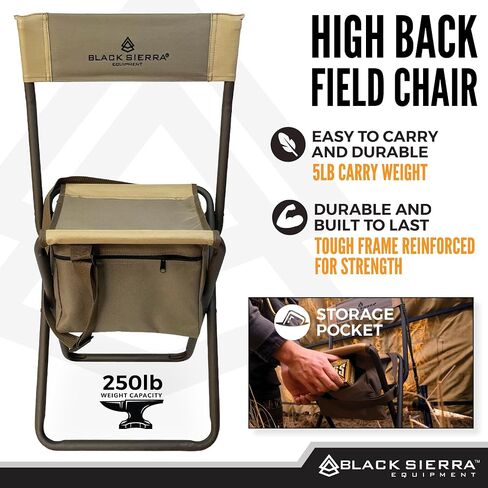 Black Sierra Folding Hunting Stool w/Under Seat Storage Pouch and Carry Strap, Lightweight Portable Hunt Chair w/Backrest, Heavy-Duty Steel Frame Supports 250 LBS, for Hunting, Fishing in Kuwait