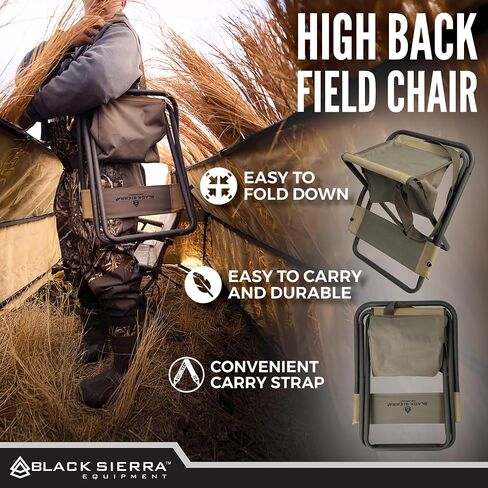 Black Sierra Folding Hunting Stool w/Under Seat Storage Pouch and Carry Strap, Lightweight Portable Hunt Chair w/Backrest, Heavy-Duty Steel Frame Supports 250 LBS, for Hunting, Fishing in Kuwait